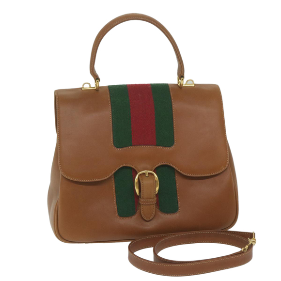 GUCCI Web Sherry Line Hand Bag Leather 2way Brown Red Green Auth 62520 - Picture 1 of 16